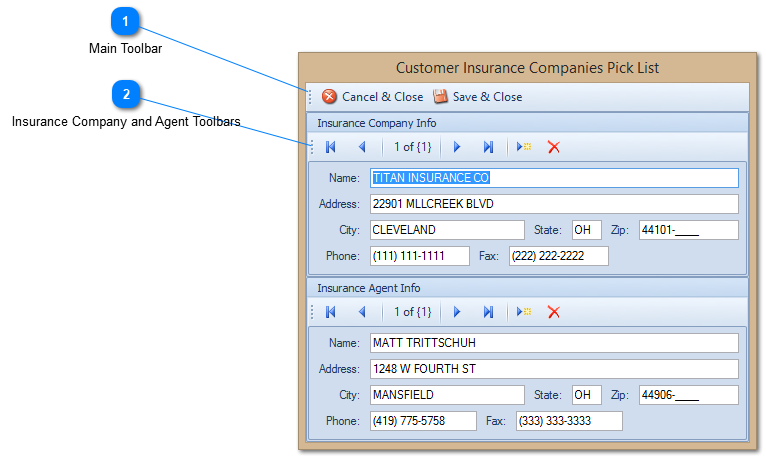 Customer Insurance Companies Pick List Window