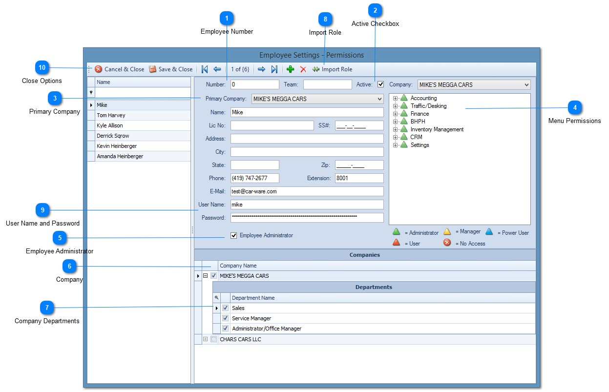 Employee Settings Permissions Window