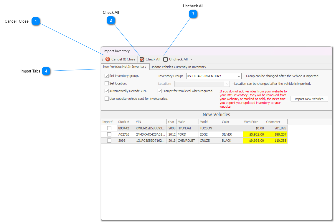 Import Inventory window 