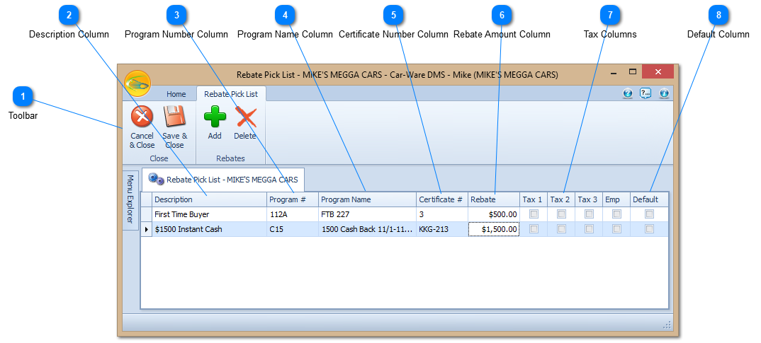 Rebate Pick List Window