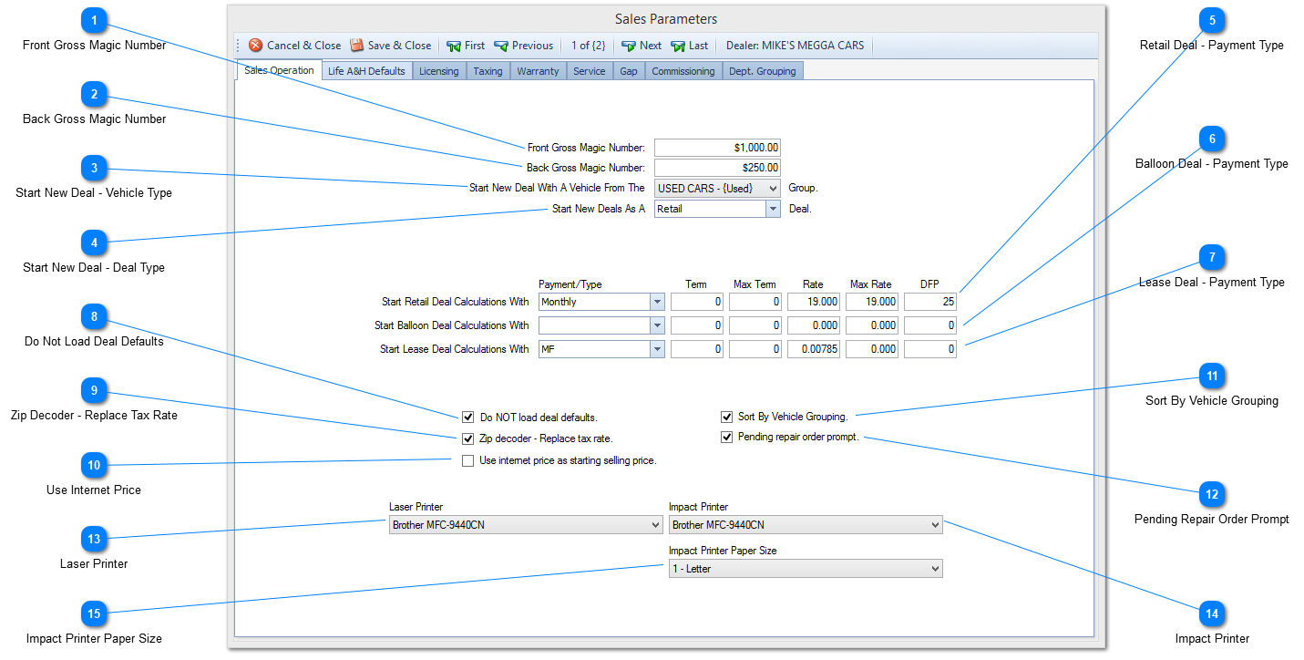 Sales Parameters Window