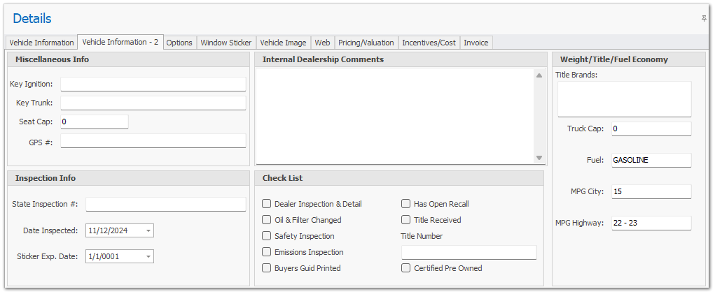 Vehicle Information - 2 Tab