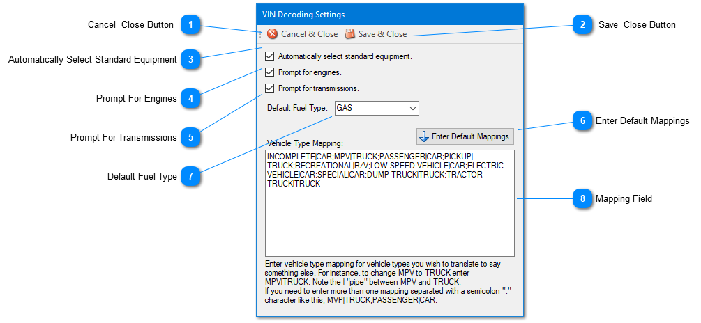 VIN Decoding Settings Window